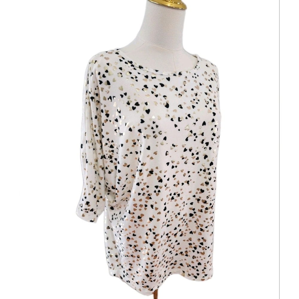 Lightweight Sweater Dolman 3/4 Sleeve Gold Hearts Casual Top Blouse Size M